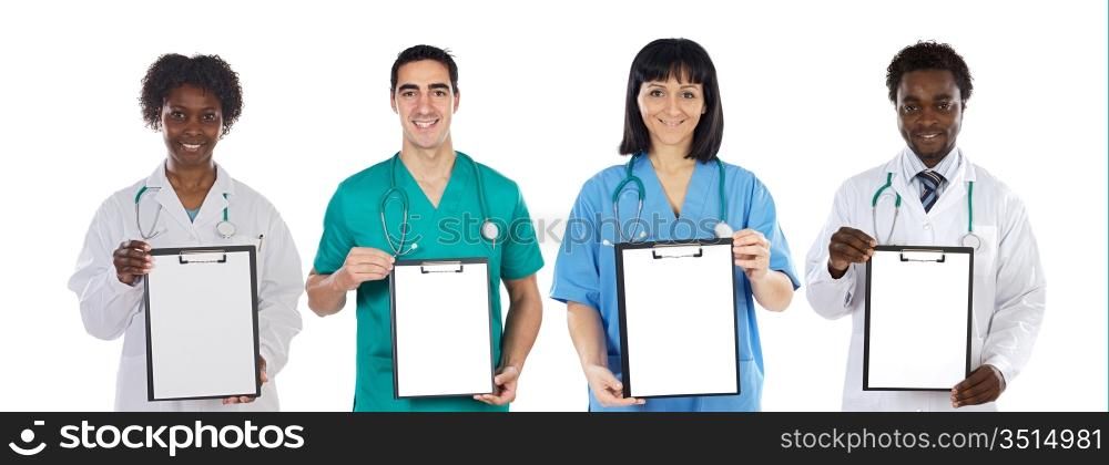 Medical team whit clipboard on a over white background