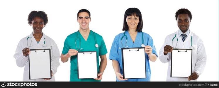 Medical team whit clipboard on a over white background