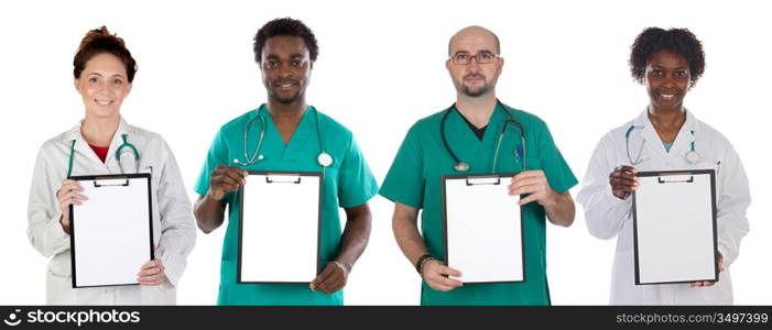 Medical team with clipboard in blank isolated on white background