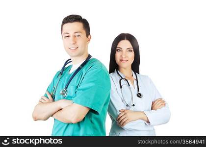 medical team with stethoscopes on white background