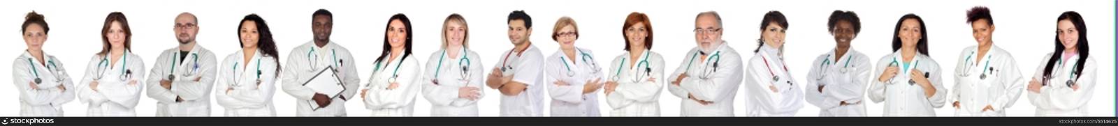 Medical team with white uniform on a over white background
