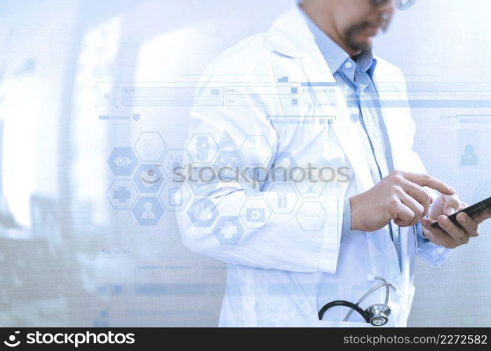 Medical technology concept. Doctor hand working with modern smart phone with medical chart interface,multi channel connection,white background