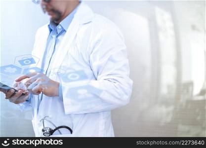 Medical technology concept. Doctor hand working with modern smart phone with medical chart interface,multi channel connection,white background