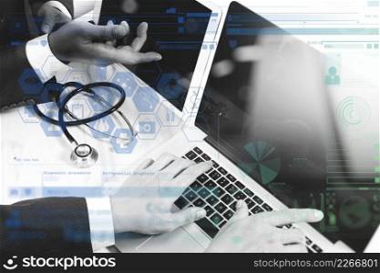 Medical technology network team meeting concept. Doctor hand working smart phone modern digital tablet laptop computer graphics chart interface, black white