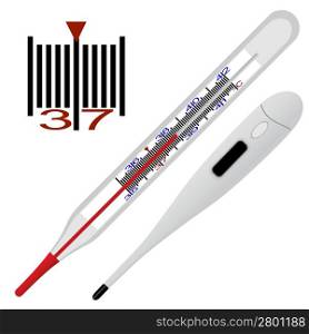 Medical thermometers and thermometer scale measurement. The illustration on a white background.