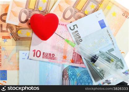 medical treatment and high cost for health care service concept: red heart syringe on money euro paper banknotes