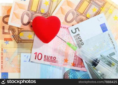medical treatment and high cost for health care service concept: red heart syringe on money euro paper banknotes