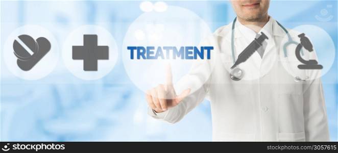 Medical Treatment Concept - Doctor points at TREATMENT word with icons showing symbol of medicine pills, medical cross and hospital lab research against blue abstract background.