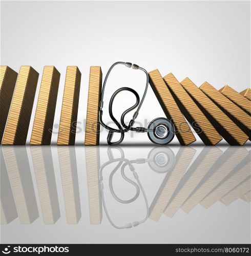Medical treatment symbol as a hospital doctor stethoscope stopping domino pieces from falling further as a metaphor for treating a patient with proper diagnosis of symptoms as a 3D illustration.