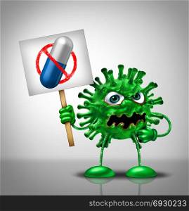 Medical virus medication concept as a green disease germ monster protesting medicine as a banned pill representing a cure therapy as a 3D illustration.