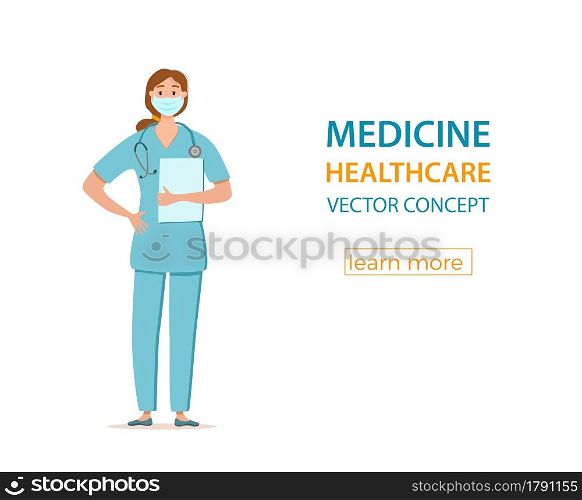 Medical woman in face protection mask cartoon characters vector illustration. Doctor professional girl for fighting the coronavirus. Stop the covid-19 healthcare concept with hospital worker.. Medical people in face protection mask cartoon characters vector illustration