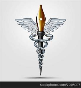 Medical writing and medicine publication as a caduceus with a pen and nib as a health care symbol for research reporting or doctor prescription filing as a 3D illustration.
