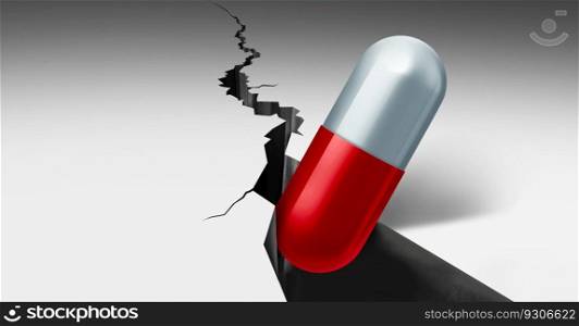 Medication and Pharmaceutical industry Crisis or global medicine system failing as a healthcare challenge and public health problems due to drug prices and prescription drugs as a 3D illustration. 