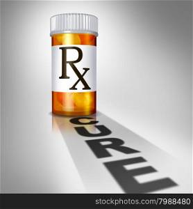 Medication cure and pharmaceutical remedy Health Care concept as a prescription drug pill bottle with a cast shadow of text as a symbol for medicine therapy success.