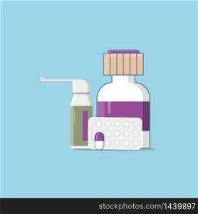 Medication drugs. Medicine pill, pharmacy drug bottle and antibiotic. Medications prescription painkillers, health shop isolated illustration