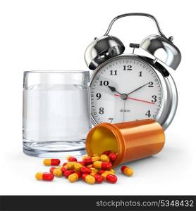 Medication time. Pills, water glass and alarm clock. 3d