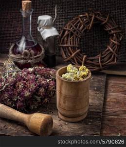 medicinal herb. dried herbs for traditional medicine in the rural style.Selective focus