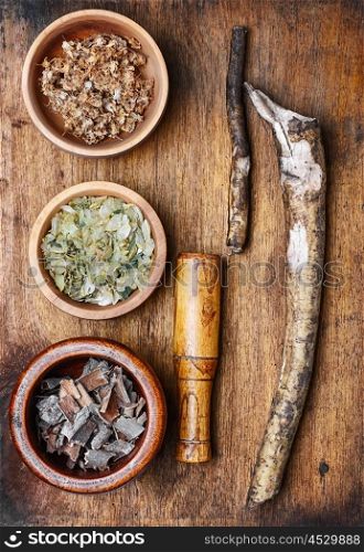 Medicinal plants,herbs in the bowl and elecampane root
