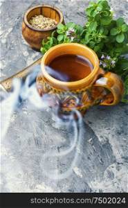Medicinal tea from marjoram leaves.Herbal tea with oregano.. Fresh and dried oregano herb