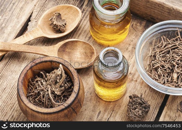 Medicinal tincture from the roots and rhizomes of valerian.Herbal medicine.Healing plants. Healing tincture of valerian