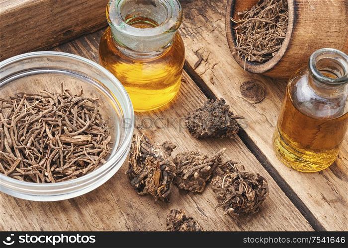 Medicinal tincture from the roots and rhizomes of valerian.Valeriana officinalis.Healing plants. Herbal tincture of valerian