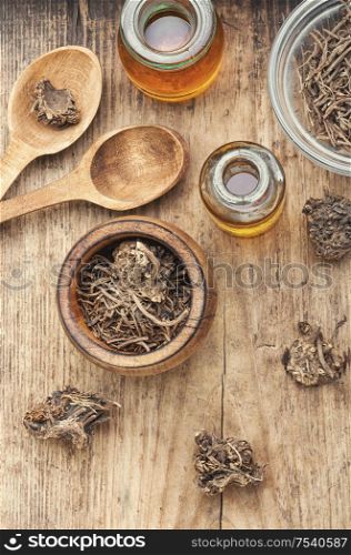 Medicinal tincture from the roots and rhizomes of valerian.Valeriana officinalis. Herbal tincture of valerian