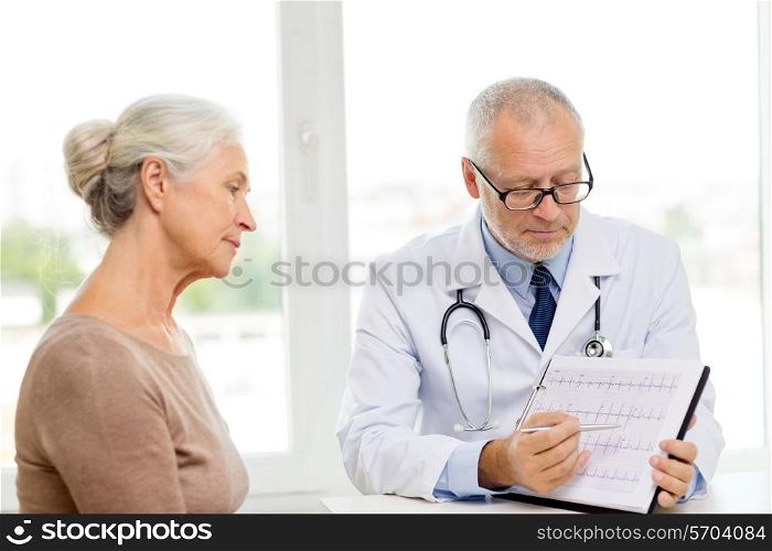 medicine, age, health care and people concept - senior woman and doctor meeting in medical office