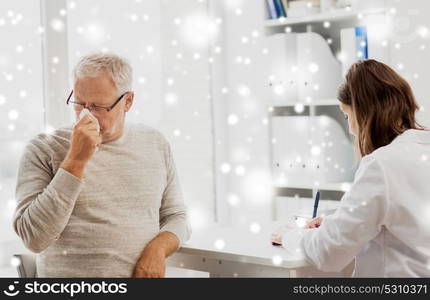 medicine, age, health care, flu and people concept - senior man blowing nose with napkin and doctor with clipboard writing at medical office at hospital over snow. senior man and doctor meeting at hospital