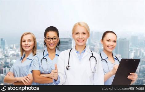 medicine and healthcare concept - team or group of female doctors and nurses. team or group of female doctors and nurses