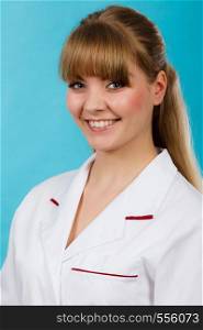 Medicine and healthcare. Portrait of young smiling female doctor. Woman professionalist in white medical uniform.. Young happy female professional doctor.
