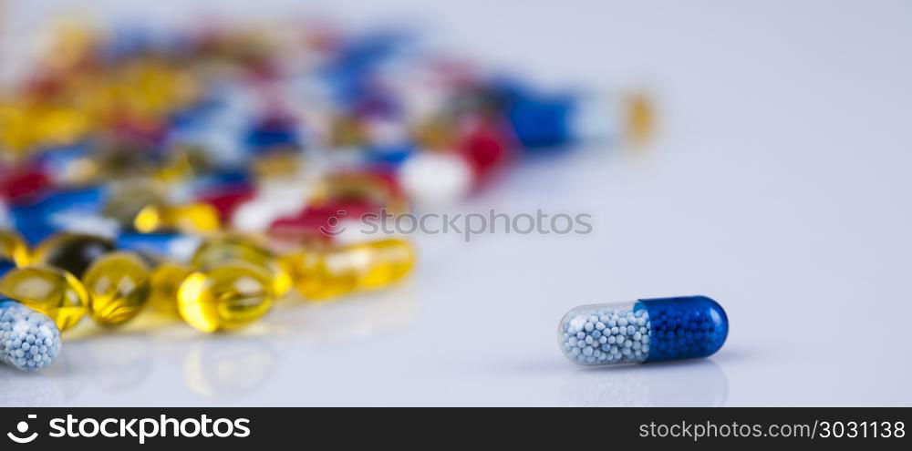 Medicine and healthy, Close up of capsules. Healthy background, Pills, Tablets, Capsule background