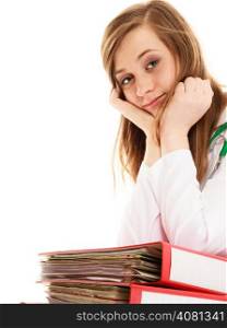 Medicine and paperwork. Tired overworked busy doctor woman with stack of folders with files documents isolated on white.