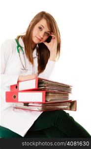 Medicine and paperwork. Tired overworked busy doctor woman with stack of folders with files documents isolated on white.