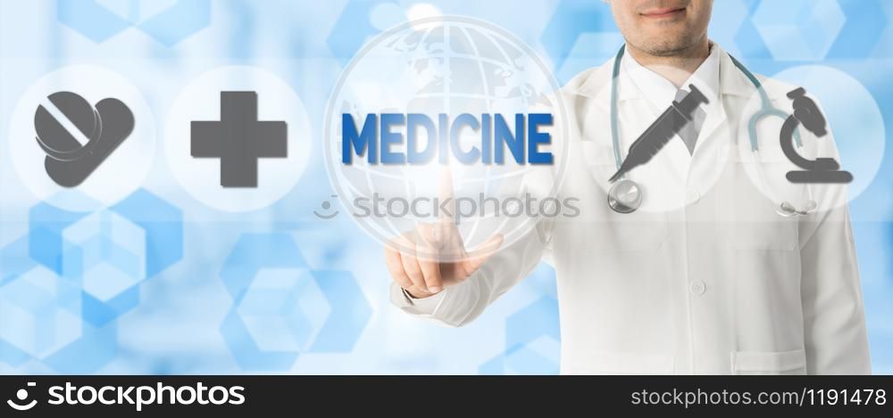 Medicine and Pharmaceutical Concept - Doctor points at MEDICINE word with icons showing symbol of medicine pills, medical cross and hospital lab research against blue abstract background.