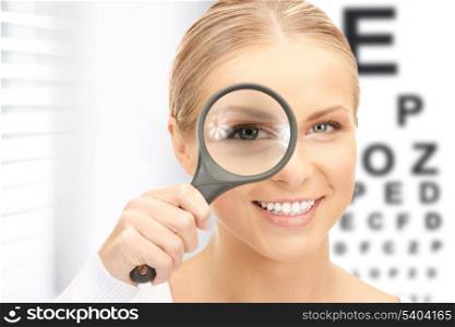medicine and vision concept - woman with magnifier and eye chart