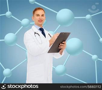 medicine, biology, chemistry and people concept - smiling male doctor with clipboard and stethoscope writing prescription over molecular background