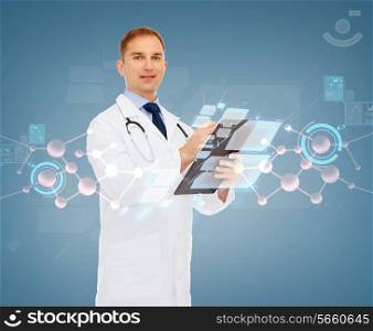 medicine, biology, chemistry, future technology and people concept - smiling male doctor with clipboard and stethoscope writing prescription over molecular background