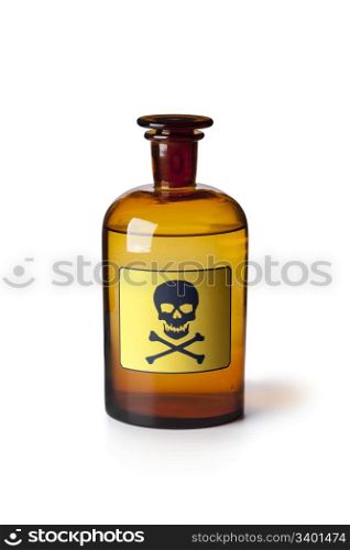 Medicine bottle with poisonous liquid on white background