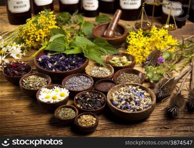 Medicine bottles and herbs, natural colorful tone