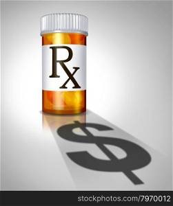 Medicine business concept and prescription drugs cost with a pharmacy pill bottle prescribed by a doctor casting a shadow shaped as a dollar sign as an icon of health care expenses.