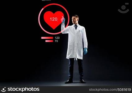 medicine, cardiology and healthcare concept - doctor or scientist in white coat and medical gloves with heart rate projection over black background. doctor or scientist with heart rate projection