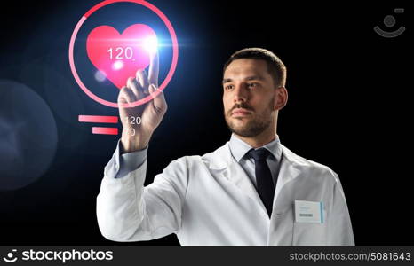 medicine, cardiology and healthcare concept - doctor or scientist in white coat with heart rate projection over black background. doctor or scientist with heart rate projection
