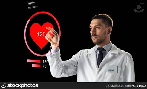 medicine, cardiology and healthcare concept - doctor or scientist in white coat with heart rate projection over black background. doctor or scientist with heart rate projection
