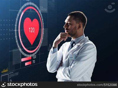 medicine, cardiology and healthcare concept - male doctor or scientist in white coat looking at heart rate projection on virtual screen over black background. doctor or scientist in white coat with heart rate