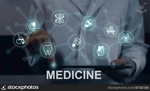 Medicine closeup concept image with white glyph icons. Healthcare blogging. Front view photo of doctor with tablet on background. Picture for web banner, infographics, blog, news and article. Medicine closeup concept image with white glyph icons