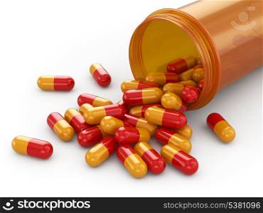 Medicine concept. Spilled capsules from prescription bottle. 3d