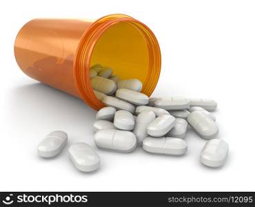 Medicine concept. Spilled pills from prescription bottle. 3d
