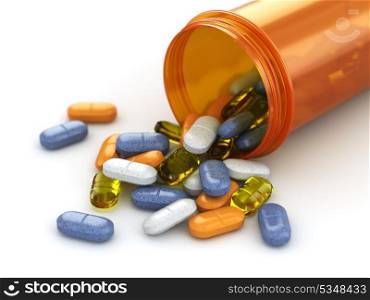 Medicine concept. Spilled pills from prescription bottle. 3d