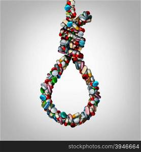 Medicine danger and prescription drug addiction medical concept as a group of medicine capsules and painkiller pills shaped as a suicide noose as a health care symbol with a medication addict risk.