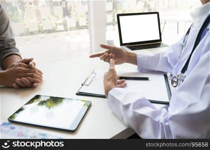 medicine doctor explain diagnosis to doctor team holding and showing clipboard exploring important document